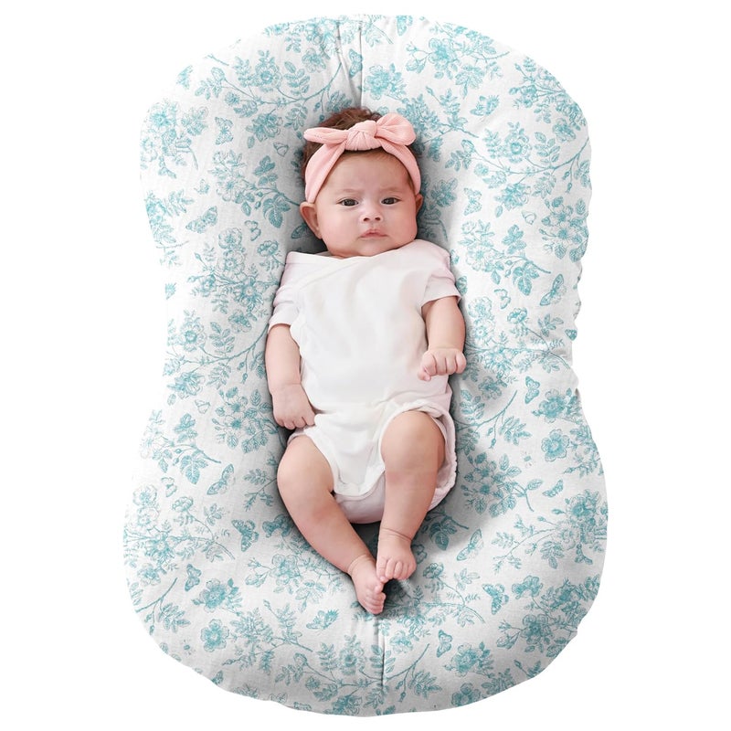 FUNUPUP Muslin Baby Lounger Cover Compatible with Snuggle Me Lounger, Infant Lounger Pillow Cover for Newborn, Removable Newborn Lounger Cover for Boys and Girls, Only Cover, Blue Flower - Image 1